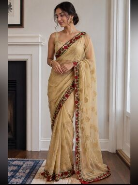 Traditional Indian Embroidered Chiffon Saree. Red Rose | Gold Sequin | Elegant